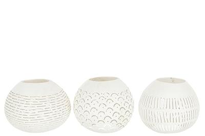 J-Line theelichthouder Kokosnoot Lijnen - jute - wit - 3 stuks