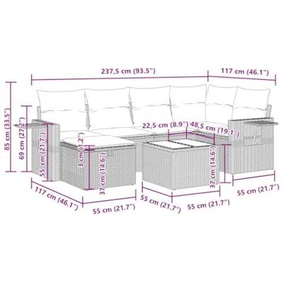 7-delige Loungeset met kussens poly rattan bruin
