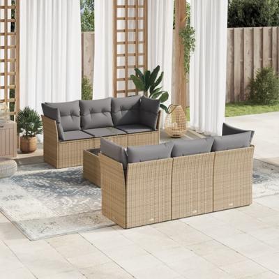 7-delige Loungeset met kussens poly rattan beige - thumbnail