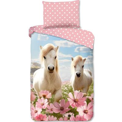 Good Morning Kinderdekbedovertrek "witte paarden met bloemen" - Roze - (140x200/220 cm) - Katoen Good Morning Kinderdekbedovertrek "witte paarden met bloemen" - Roze - (140x200/220 cm) - Katoen