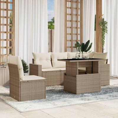 6-delige Loungeset met kussens poly rattan beige