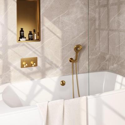 Brauer Stripe thermostatische inbouw badkraan met drukknoppen SET 04 met badvulcombinatie en 3-standen handdouche en doucheslang en wandaansluitbocht goud geborsteld PVD