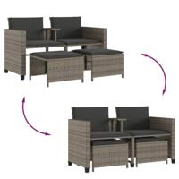 Tuinbank 2-zits met tafel en voetenbanken poly rattan grijs - thumbnail
