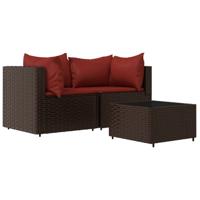 3-delige Loungeset met kussens poly rattan bruin - thumbnail