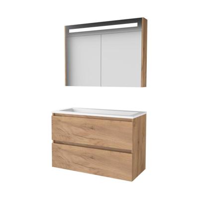Basic-Line Premium 46 Badkamermeubelset - 100 x 46 cm - Greeploos - 2 Lades - Acryl Wastafel - Zonder Kraangat - Spiegelkast met LED Verlichting - Whisky Oak