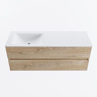 MONDIAZ VICA 130cm badmeubel onderkast Washed Oak 2 lades. Wastafel CLOUD links zonder kraangat, kleur Talc.