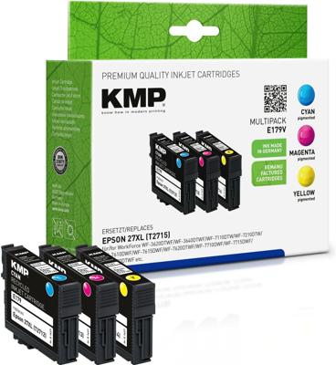 KMP Inktcartridge vervangt Epson 27XL, T2715, T2712, T2713, T2714 Compatibel Combipack Cyaan, Magenta, Geel E179V 1627,4005 KMP Inktcartridge vervangt Epson 27XL, T2715, T2712, T2713, T2714 Compatibel Combipack Cyaan, Magenta, Geel E179V 1627,4005