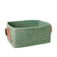 Rice - Raffia Rectangular Basket w. Leather Handle - Mint - thumbnail