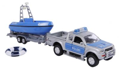 2 Play Duitse politiewagen met boot pull back 27 cm blauw/grijs