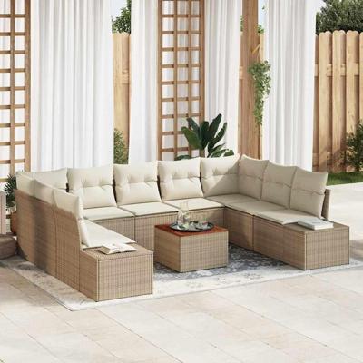 Tuinbankenset met kussen 10 pcs Beige poly rattan