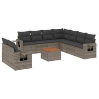 10-delige Loungeset met kussens poly rattan grijs - thumbnail