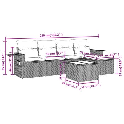 5-delige Loungeset met kussens poly rattan zwart