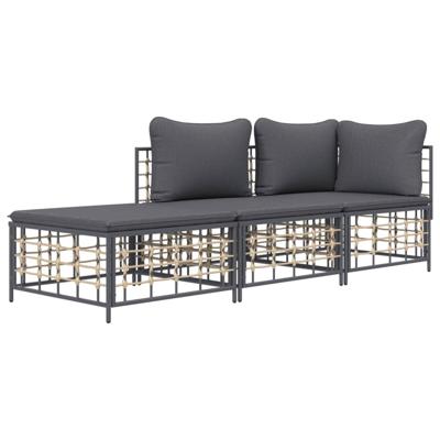 3-delige Loungeset met kussens poly rattan antracietkleurig
