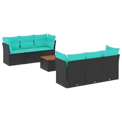7-delige Loungeset met kussens poly rattan zwart