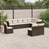 10-delige Loungeset met kussens poly rattan bruin - thumbnail