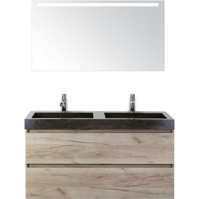 Maxx XL Badmeubelset 120 cm - Craft Oak - Wastafel Lucca Dubbel 2 Kraangaten met LED Spiegel