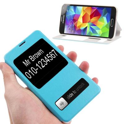 Crazy Horse structuur Flip lederen hoesje met Oproepweergave ID & houder voor Samsung Galaxy S5 / G900 (Baby blauw)