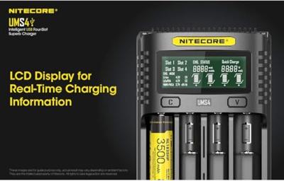 NiteCore UMS4 Batterijlader NiCd, NiMH, Li-ion, Li-poly 10440, 10500, 12500, 12650, 13500, 13650, 14500, 14650, 16340, 16650, 17335, 17355, 17500, 17650,