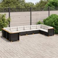 10-delige Loungeset met kussens poly rattan zwart - thumbnail