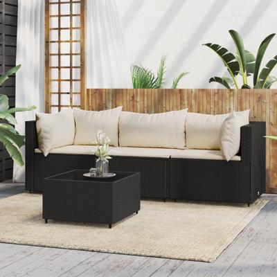 4-delige Loungeset met kussens poly rattan zwart