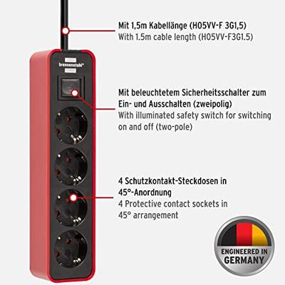 Brennenstuhl 1153240070 Stekkerdoos met schakelaar 4-voudig Rood, Zwart Randaarde stekker 1 stuk(s)