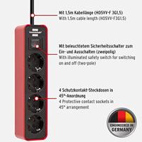 Brennenstuhl 1153240070 Stekkerdoos met schakelaar 4-voudig Rood, Zwart Randaarde stekker 1 stuk(s) - thumbnail