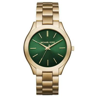Michael Kors Dames MK3435 Slim Runway Groene wijzerplaat Geelgouden stalen armbandhorloge
