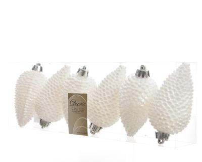 6 Dennenappels plastic glitter hang diameter 4.5x8cm wit iris KSD - Ksd