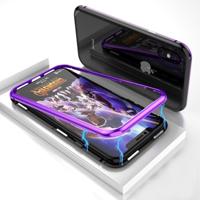 Ultra slanke magnetische adsorptie metalen frame gehard glas magneet flip case voor iPhone X/XS (zwart + paars) - thumbnail