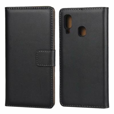 Lederen horizontale Flip holster voor Galaxy A20E met magnetische sluiting en beugel en kaartsleuf en portemonnee (zwart)