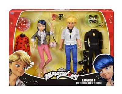 Set van 2 figuren - BANDAI - Miraculous - Marinette en Adrien met 2 outfits (Ladybug en Cat Noir), accessoires - 26 cm