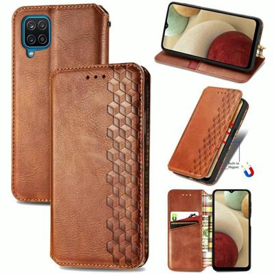 Voor Samsung Galaxy A12 Cubic Grid Geperst horizontal flip magnetische PU lederen hoes met Holder & Card Slots & Wallet(Brown)