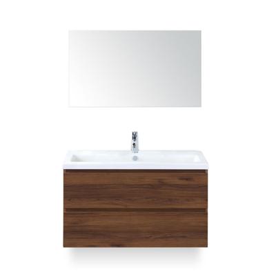 Vogue Badmeubelset 100 cm - Greeplijst in kleur - Walnoot - Keramische Wastafel Wit 1 kraangat - met Spiegel