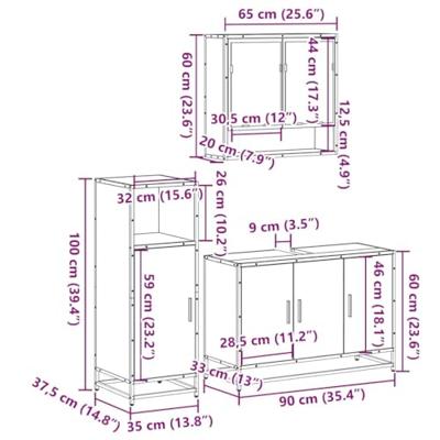 3-delige Badkamermeubelset bewerkt hout bruin eikenkleur