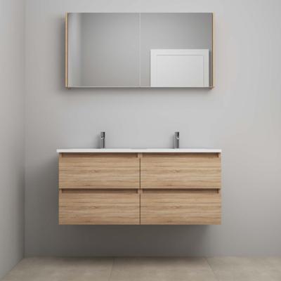 On-Line Badkamermeubelset - 120 cm - Voorgemonteerd - Acryl Wastafel - 2 Kraangaten - Spiegelkast - Eiken