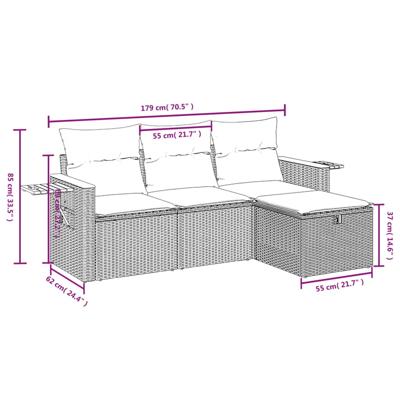4-delige Loungeset met kussens poly rattan zwart
