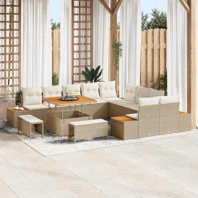 13-delige tuinsofa set met kussens in beige poly rattan en acacia