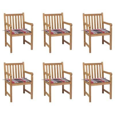 Tuinstoelen 6 st met rood geruite kussens massief teakhout
