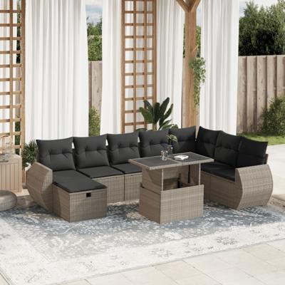 9-delige Loungeset met kussens poly rattan lichtgrijs