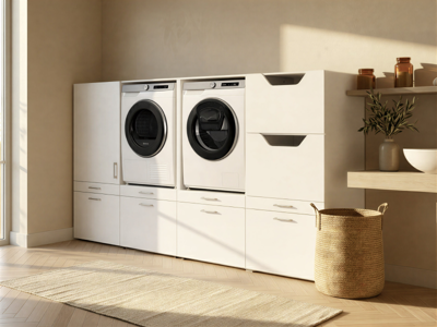 Kast WASHING 2 machines met kast 1 deur 2 lades en kast voor wasgoed MEDIUM wit