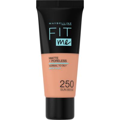 Maybelline Fit Me Matte + Poreless Foundation - 250 Sun Beige - Medium Dekkende Foundation met Matte Finish voor de Normale tot Vette Huid - 30 ml