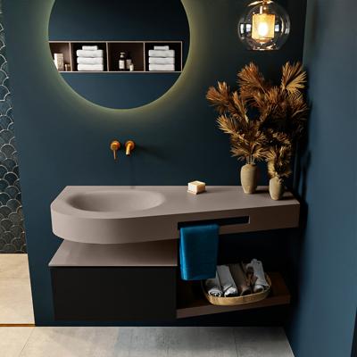 MONDIAZ RIVA 120cm badmeubel onderkast / planchet kleur Urban met 1 lade. Wastafel DULCET links 0 kraangaten kleur Smoke.
