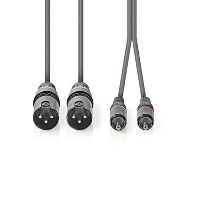 XLR-Audiokabel | 2x XLR 3-pins male - 2x RCA male | 3,0 m | Grijs
