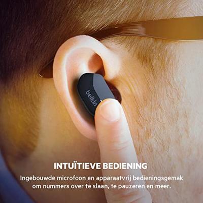 Belkin AUC001btBK SoundForm True Wireless Earbuds (Bluetooth-oordopjes voor iPhone, Samsung, Google, bedieningsknoppen, draagbaar oplaadhoesje, 24 uur luistertijd, ruisisolatie, zweetbestendig, zwart),Eén maat