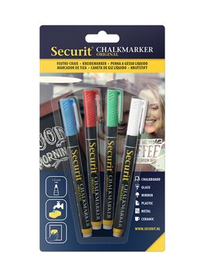 Krijtstift Securit SMA-100 rond 1-2mm wit/blauw/groen/rood blister à 4 stuks