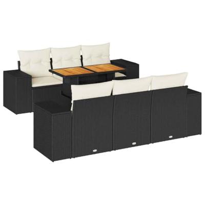 7-delige Loungeset met kussens poly rattan zwart