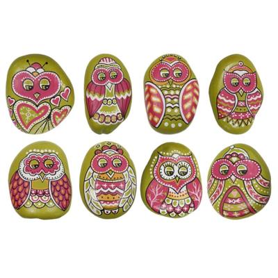Handbeschilderde Geluksstenen Uilen (Set van 8)