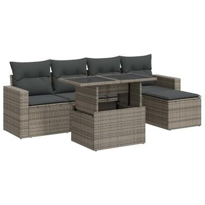 6-delige Loungeset met kussens poly rattan grijs