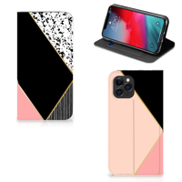Apple iPhone 11 Pro Stand Case Zwart Roze Vormen - thumbnail