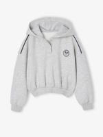 Korte sportieve sweater met capuchon voor meisjes gemêleerd grijs - thumbnail